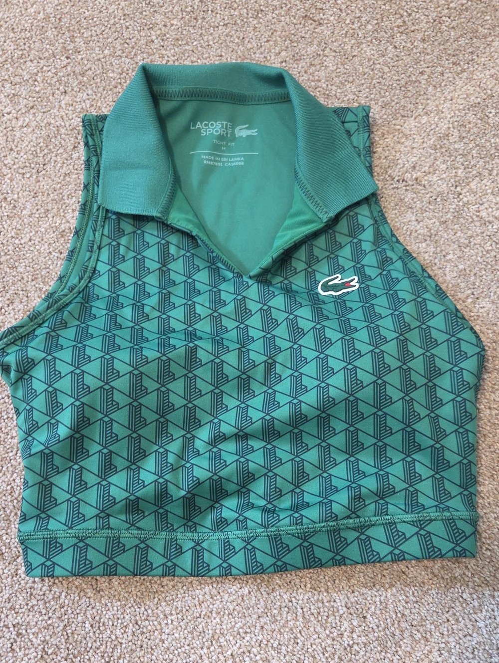 Lacoste Green Patterned Sleeveless Polo Athletic Crop Top